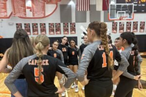 Caprock volleyball huddling up during match with Lubbock High on Saturday, Sept. 27, 2025.